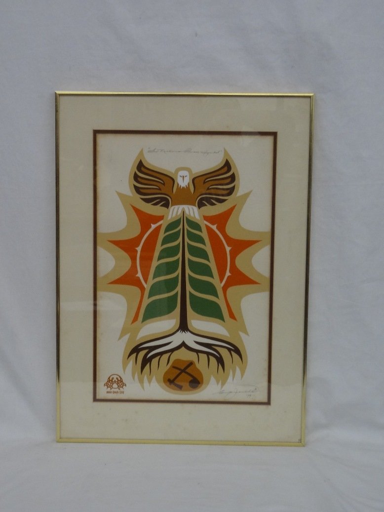 Onondaga Artist Arnold Jacobs Original Acrylic Painting: Onondaga Artist Arnold Jacobs Original Acrylic Painting 1979: Original acrylic painting of Six Nations Peace Symbol. Dated 1979, the image measures 12.75 x 20. The frame measures 18.5 x 26. There is s
