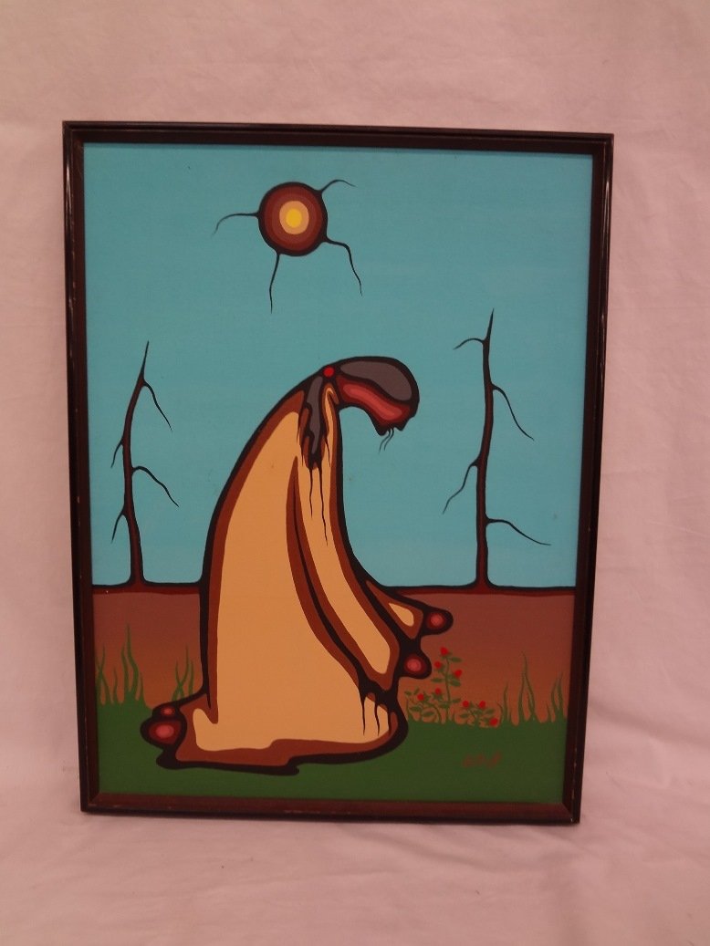 Ojibwa Artist Leland Bell Original Acrylic on Canvas: Ojibwa Artist Leland Bell Original Acrylic on Canvas "Heart Berries": A nice acrylic painting done by Leland Bell. Titled, "Heart Berries" the image measures 17.5x24 and the frame measures 19x25.5. A