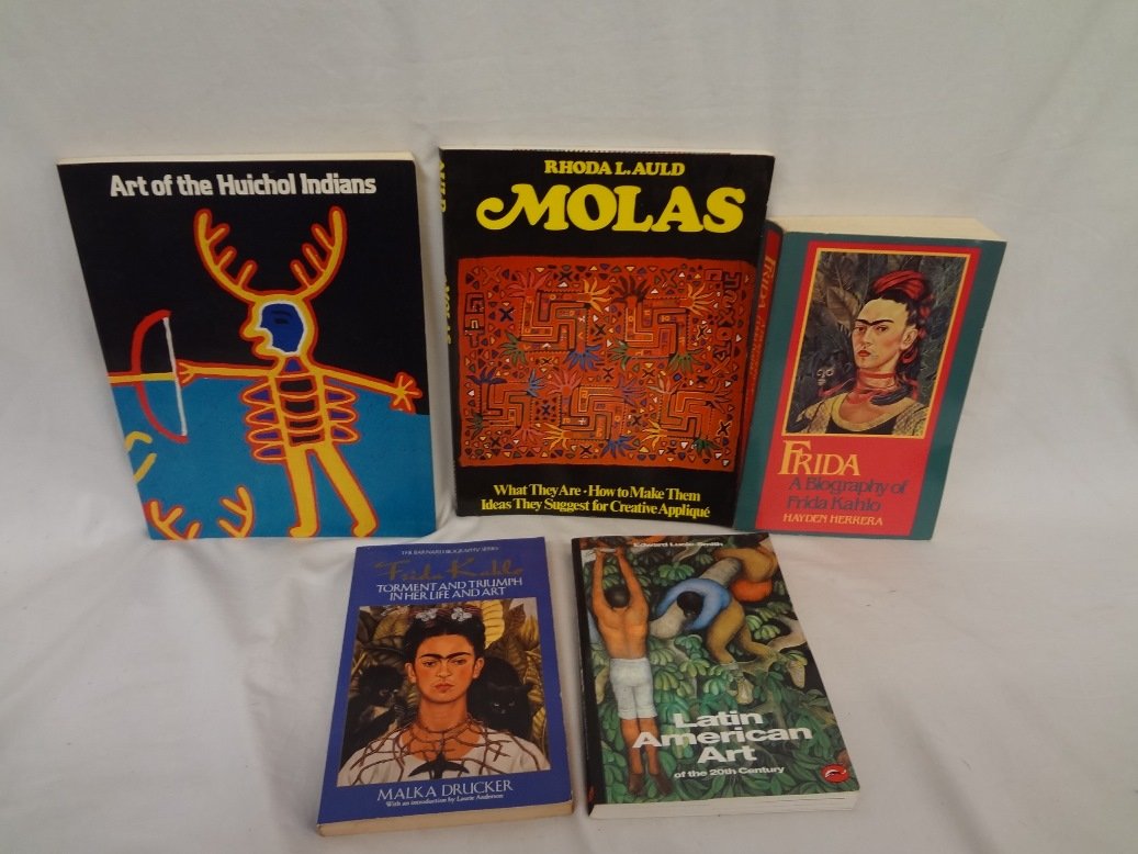 (5) Books on Mexican and Latin American Art and Artists: (5) Books on Mexican and Latin American Art and Artists: Lot of 5 books on Mexico and Latin art. Included are the titles: Art of Huichol Indians, Molas, Frida Autobiography, Frida Kahlo, Latin America