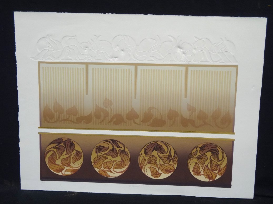 Bobbie Ameen Screen Print "Autumnal Cornice" 1986: Bobbie Ameen Screen Print "Autumnal Cornice" 1986 Signed and Numbered: Measuring 29 1/2 x 22, a beautiful screen print from Bobbie Ameen. Signed limited edition print numbered 15/17. There is a crease