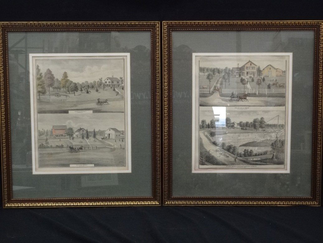(2) Hand Colored Engravings of Residences in Summit: (2) Hand Colored Engravings of Residences in Summit County Ohio 1874: Matted and framed measuring 22 x 26, these are 2 engravings from the Combination Atlas Map of Summit County by Tackabury, Mead, an