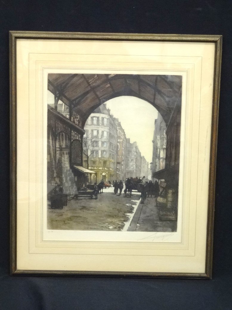 Hand Colored Engraving Cobblestone Street Scene Signed (1 of 6)