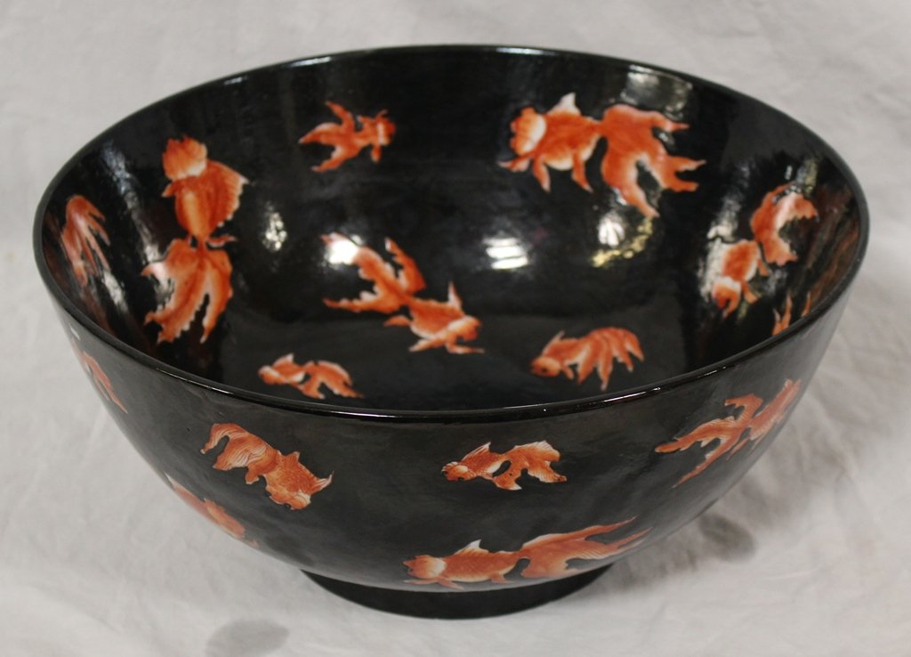 Large Chinese Black Enameled Coy Fish Porcelain Bowl (1 of 3)