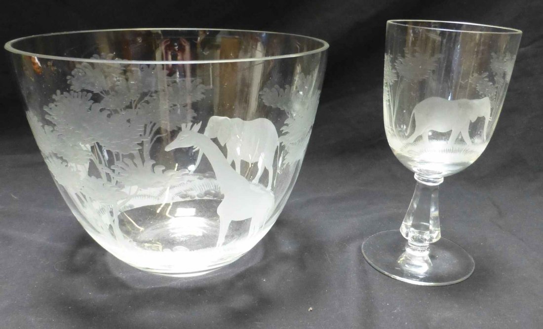 Rowland Ward Safari Punch Bowl & Wine Glass: The Bowl is 6 3/4" tall with a 8 5/8" diameter, the stem is 7 3/8" tall, unsigned no chips or cracks