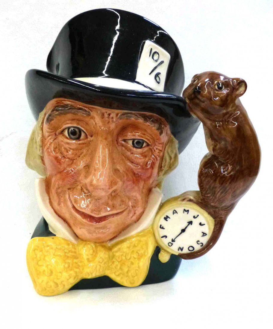 Royal Doulton Mad Hatter LE Higbee D6748: Royal Doulton Toby Jug- ''Mad Hatter'' D6748, noted on bottom: commissioned by The Higbee Company, 1985, celebrating the opening of The First Royal Doulton Room Higbee's, Cleveland U.S.A., numbered 39