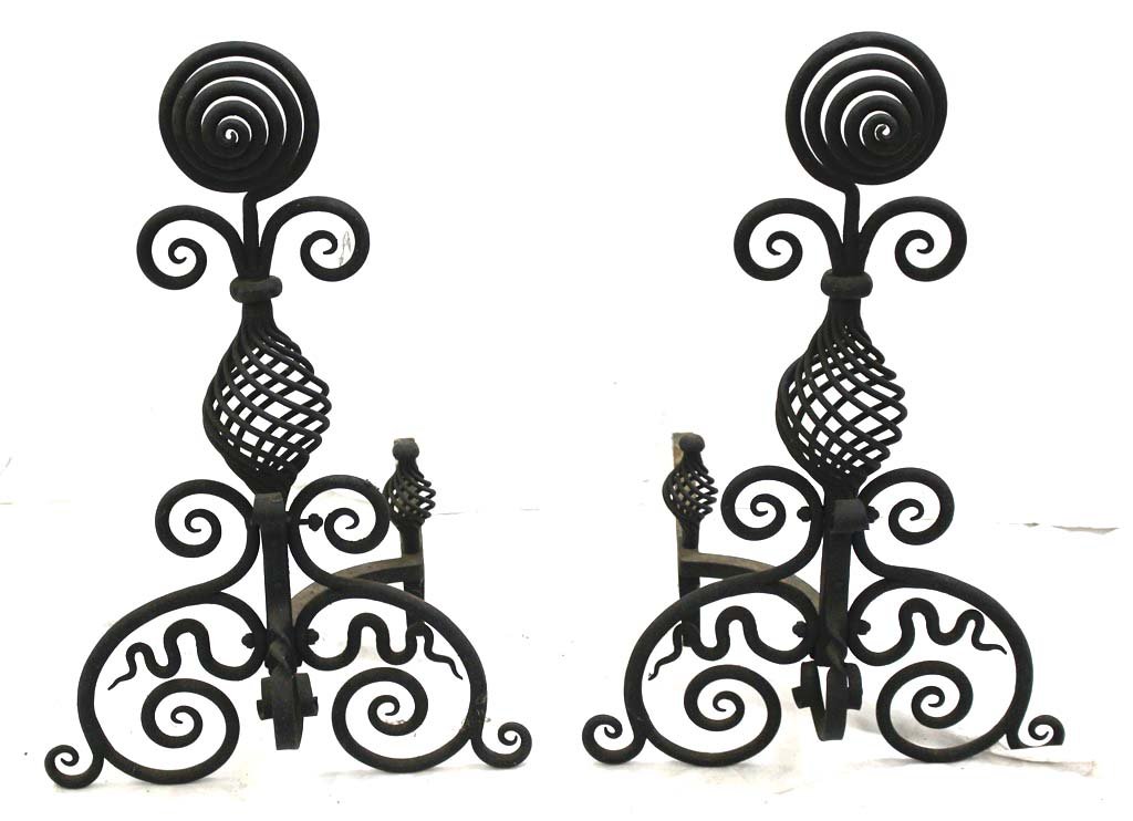 Arts & Crafts Wrought Iron Andirons: These are 27 1/2" tall, no markings found