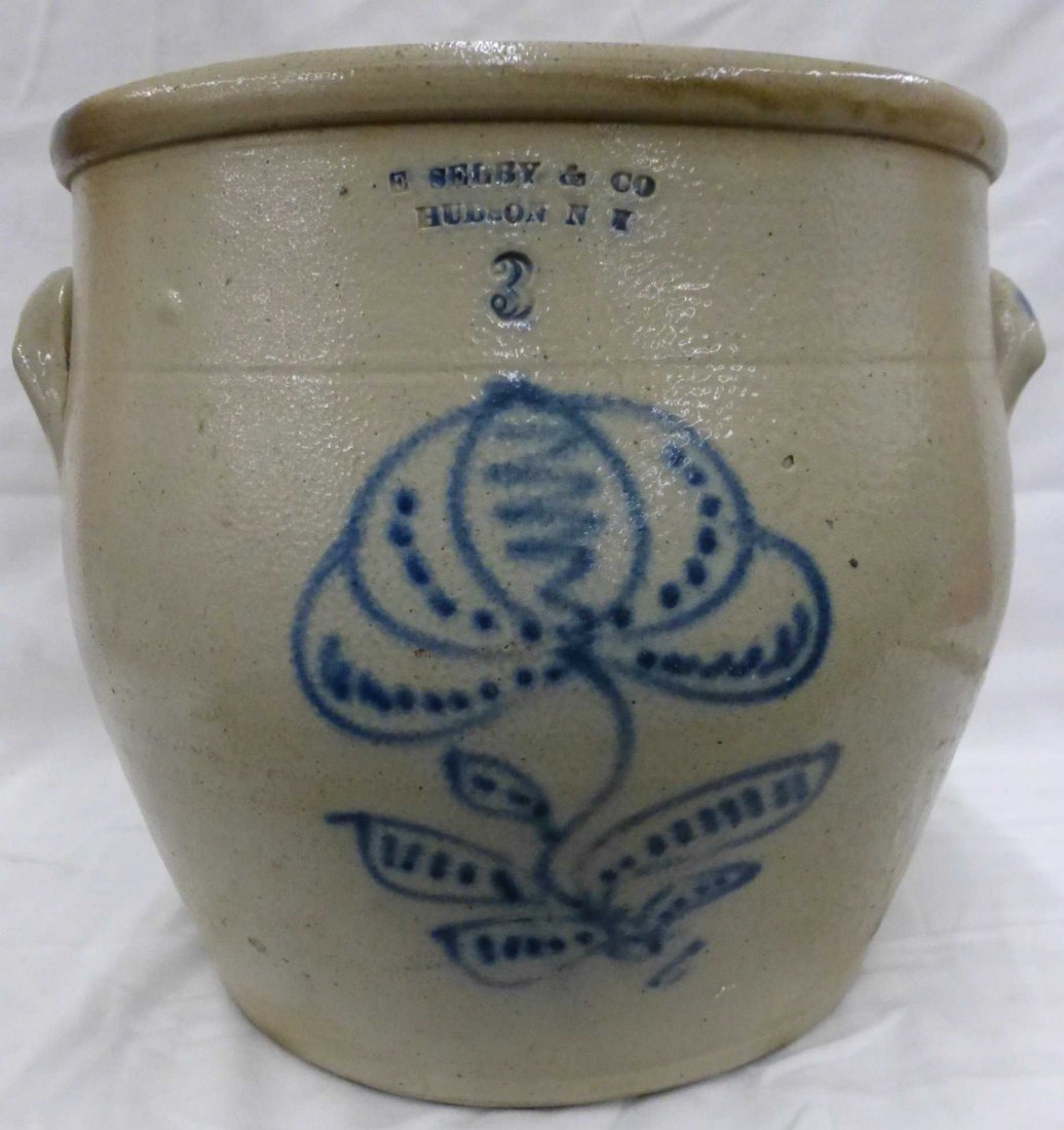 E. Selby Hudson New York 3 Gallon Stone Crock: 10 1/4" tall, 12" handle-to-handle, chip as pictured on back side
