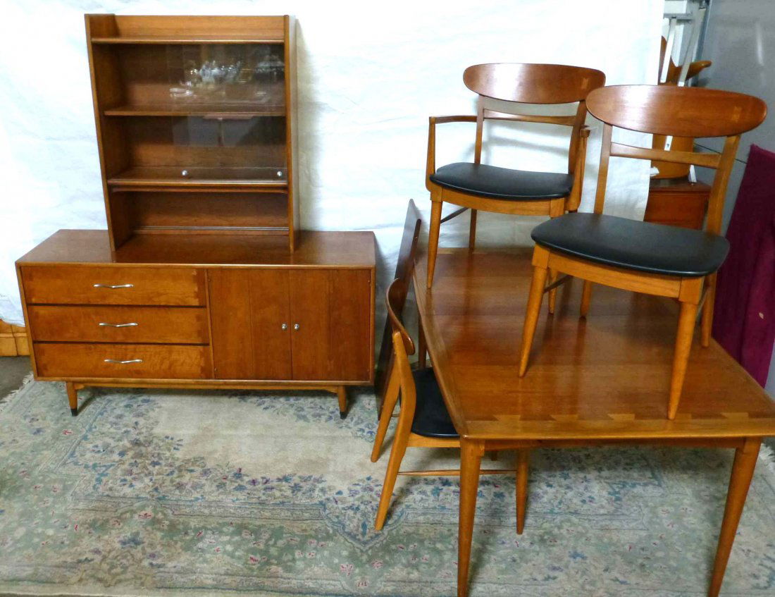Andre Bus Lane Mid-Century Modern Complete Dining Room: ANDRE BUS for LANE oak and walnut veneer dining room set from the "Acclaim" series, 1960s, with large simulated dovetails and tapering dowel legs. Branded mark. The set is comprised of a two piece hut