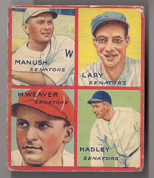 1935 Goudey Picture 4-in-1 C Manush, Weaver, Hadley,: 1935 Goudey Picture 4-in-1 C Manush, Weaver, Hadley, Lary VG- Condition