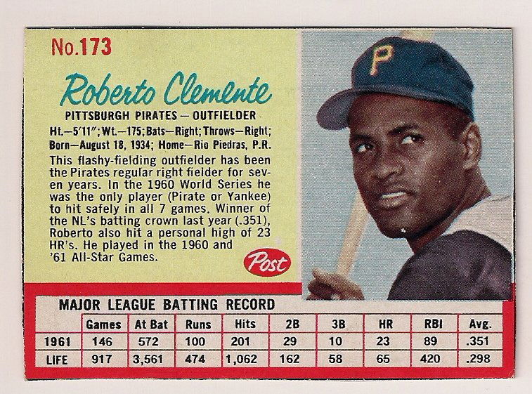 1962 Post Cereal #173 Roberto Clemente Pirates (1 of 1)