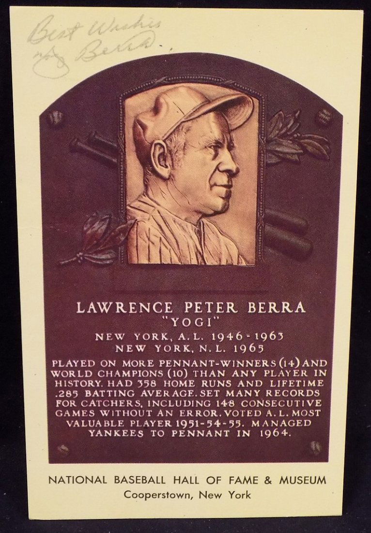 Yogi Berra Autographed Yellow HOF Postcard SGC Cert (1 of 2)