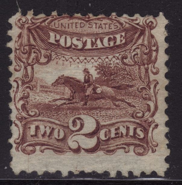 United States Scott 113 Ave-F OG LH Post Horse & Rider: 1869 Post Horse & Rider issue, Scott 113, Unused with Ave-F centering, original gum that is lightly hinged, sound. 2016 SCV.$550