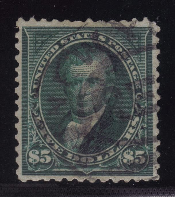 United States Scott 278 VF Used $5 Marshall SCV.$625: Very nice, rarely seen $5 Marshall, Scott 278, Used with VF centering, lighter registry cancel, reperfed at left otherwise a sound and very nice appearing stamp. 2016 SCV.$625