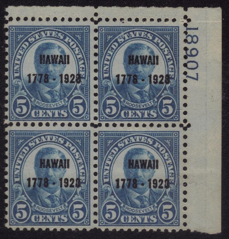 United States Scott 648 F-VF OG VLH Hawaii SCV.$275: Post office fresh, upper right plate block of 4, p#18907, Scott 648, Unused with F-VF centering, fresh very lightly hinged original gum. Very nice. 2016 SCV.$275