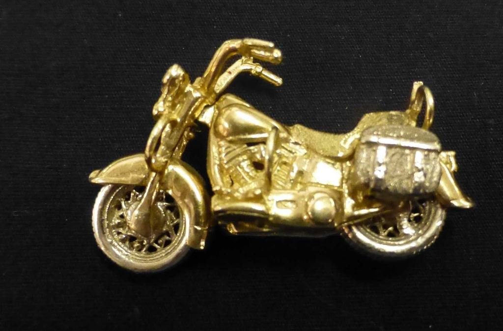 14k Gold Harley Davidson Figural Motorcycle Charm: total weight is 25.2 grams, 1.75" long, handcrafted piece with moveable handlebars and wheels, for the motorcycle enthusiast who has everything else.