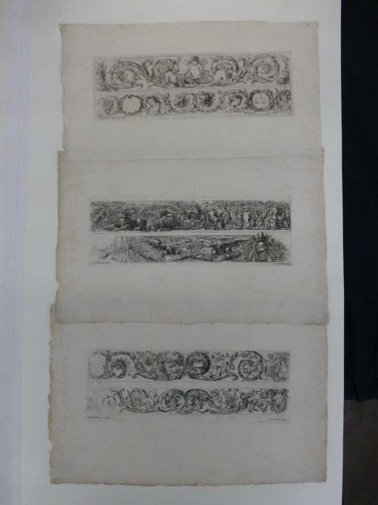 Della Bella, Stefano Etchings 3 Friezes: Etchings are from the Original Plates wove paper, age unknown, estimate 17th - 18th century. Series of three etchings numebred 5,6, and 14, page sizes are approx 12 3/8" x 8 1/4" cum Priuil Regis