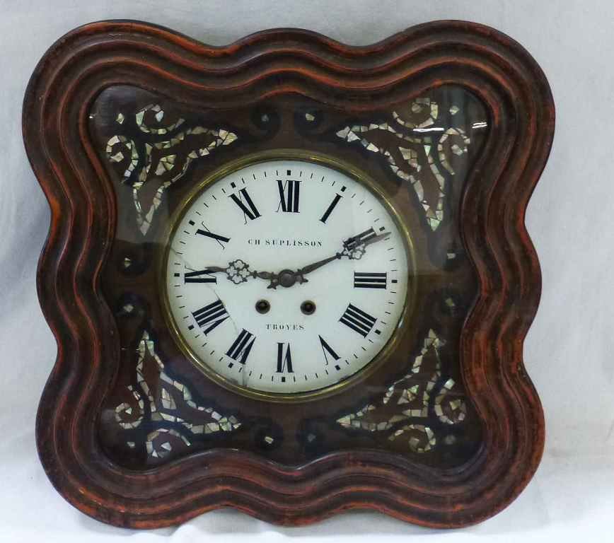 French Wall Clock Charles Suplisson Troyes Mother of: 1920's era Wall clock with Mother of Pearl inlay. Charles Suplisson, Troyes, France. Case is 19" square and Face is 9" diameter.