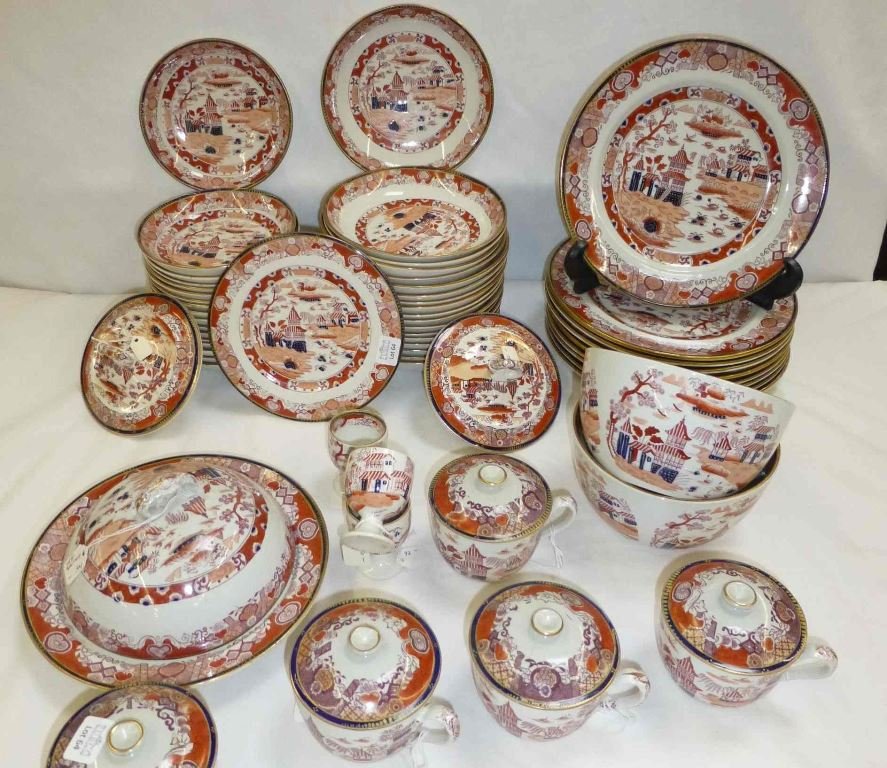 132 Piece Ashworth Chinoiserie Ironstone China: Large collection of Ashworths Ironstone China, impressed makers mark with the numbers 12/89. This very large collection consists of the following pieces; 3 Square Serving Platters/Plates(1 small chip)