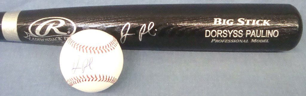 Dorssys Paulino Autographed Rawlings Bat and Baseball: Dorssys Paulino Autographed Rawlings Bat and Baseball; Rawlings Adirondack Pro black bat signed by Paulino on the barrel in silver sharpie marker; also includes a MLB Bud Selig baseball signed across