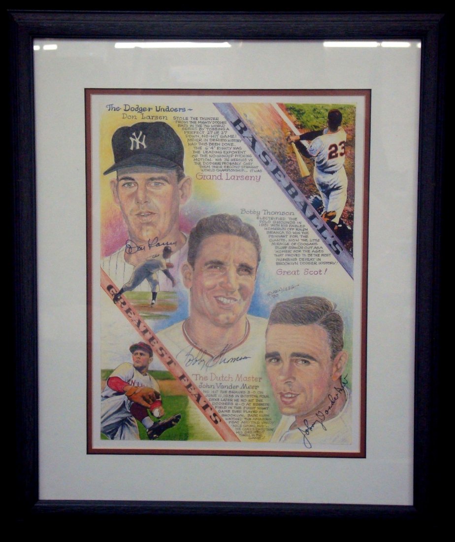 Larsen, Thomson & Vander Meer "The Dodger Undoers": Larsen, Thomson & Vander Meer "The Dodger Undoers" Signed Print; full color 11x14 lithograph of an original Ken Maag art piece is entitled "The Dodger Undoers" and shows images and write ups on three 