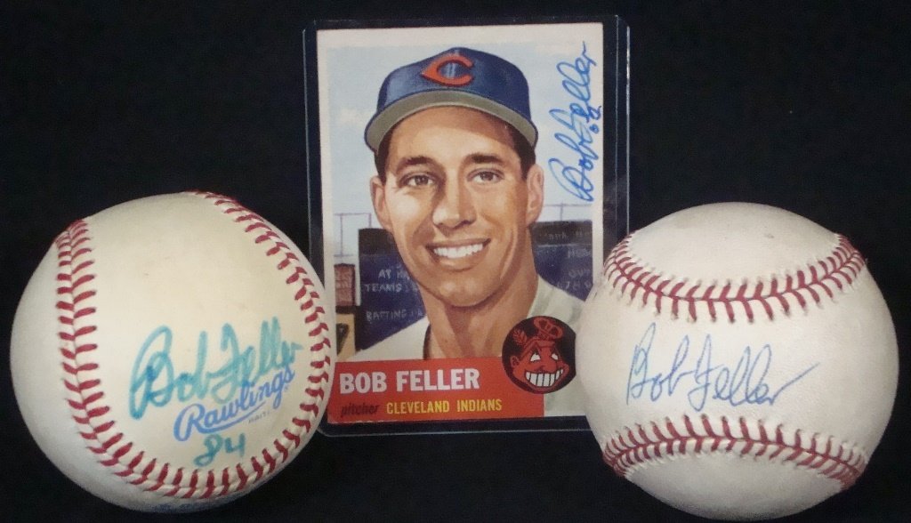 Bob Feller Signed Baseballs (x2) and 1953 Topps Signed (1 of 5)