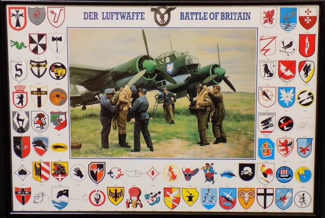 Der Luftwaffe Battle of Britain Print showing Squadron: Der Luftwaffe Battle of Britain Print showing Squadron Insignia. Here surrounding the great picture of the Luftwaffe pilot and crew are all of the squadron insignia of the fighter and bomber units.