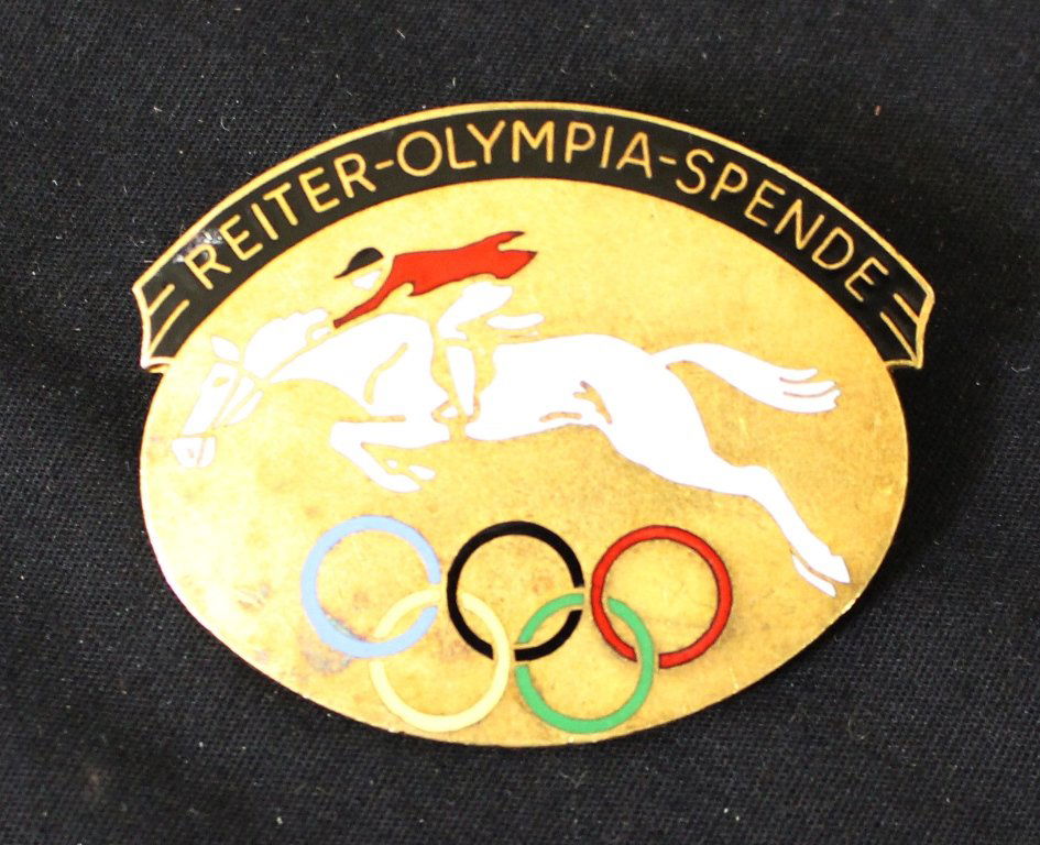 1936 Berlin Olympics Equestrian Pin: Olympic Games 1936. Big rare German Olympic Pin - German Equestrian Olympic Committee Fundraising pin for the Olympics 1936. Size 4.3x3.5 cm! Bronze, MC enameled. very rare in this size. The regular b