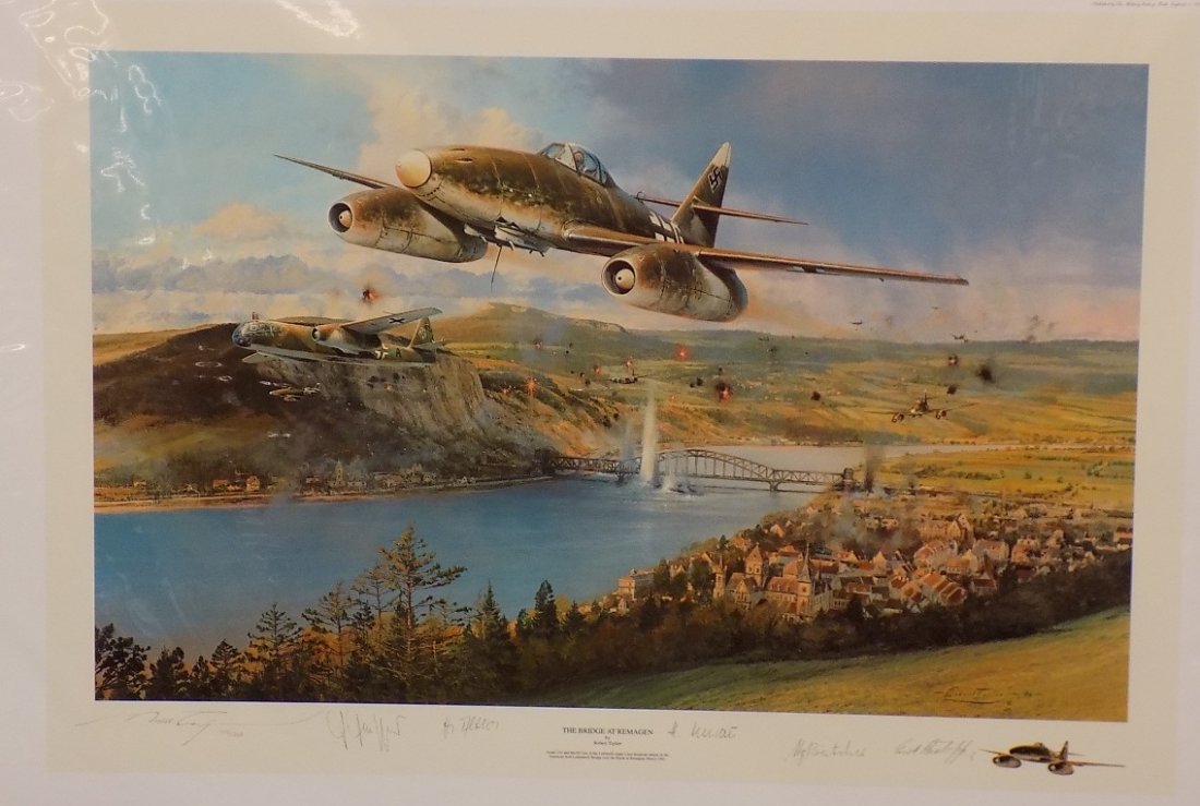 The Bridge at Remagen by Robert Taylor signed by Taylor: The Bridge at Remagen by Robert Taylor signed by Taylor + 5 Luftwaffe pilots . Leutnant Herbert Altner, Major Hans-Georg Batcher, Oberleutnant Heiner Haeffner, Major Erich Rudorffer, Major Heinz Unrau