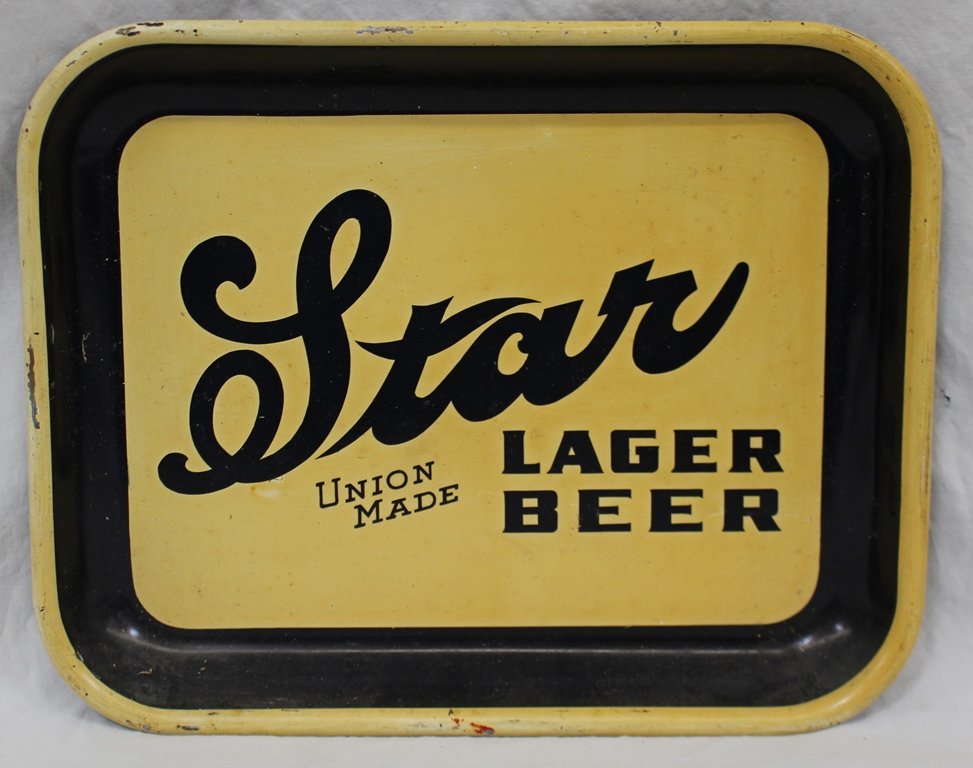 1940-50's Era Star Lager Beer Vintage Serving Tray: Vintage Star Lager Beer serving tray with 98%+ original paint. Very minor paint loss around rim. No dents. Back is rusty.