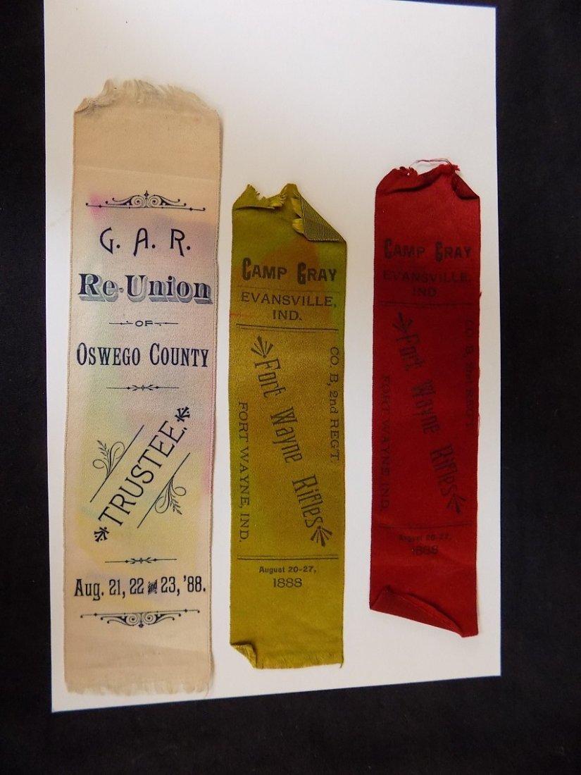1888 G.A.R. Grand Army of the Republic Reunion Ribbon +: 1888 G.A.R. Grand Army of the Republic Reunion Ribbon Oswego County + (2) Camp Grey Fort Wayne INDIANA yellow and Red ribbons