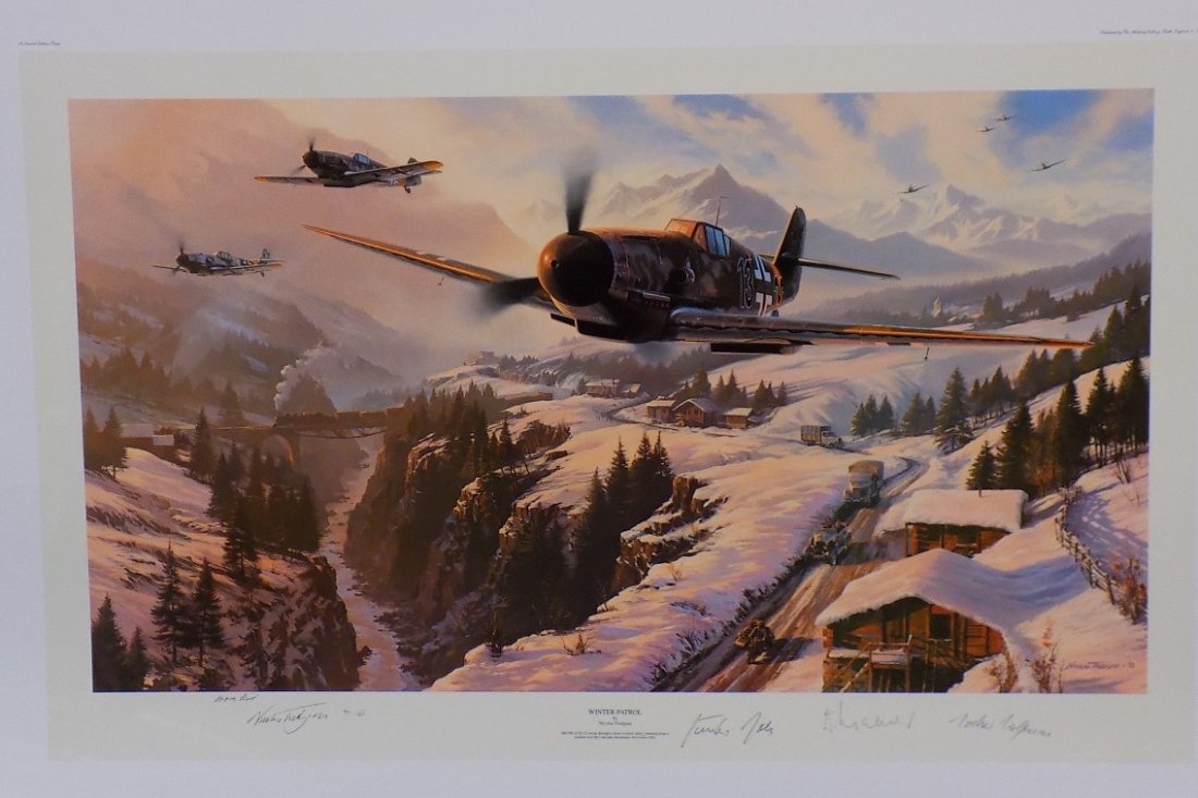Nicholas Trudgian - Winter Patrol Artist's Proof 94/125: Nicholas Trudgian - Winter Patrol Artist's Proof 94/125 Signed by 3 Military Personnel Dieter HRABAK Gunther RALL Walter WOLFRUM Rough dimensions 36 x 24 1/2 Me 109s of JG-52 sweep through a snow cove
