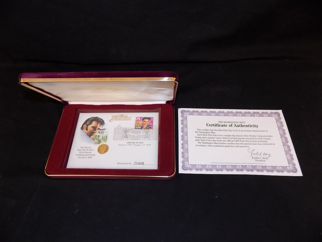 Elvis Presley 14K Gold 1/4 Oz Proof Coin & First Day: Elvis Presley 14K Gold 1/4 Oz Proof Coin & First Day Issue Stamp w/ COA