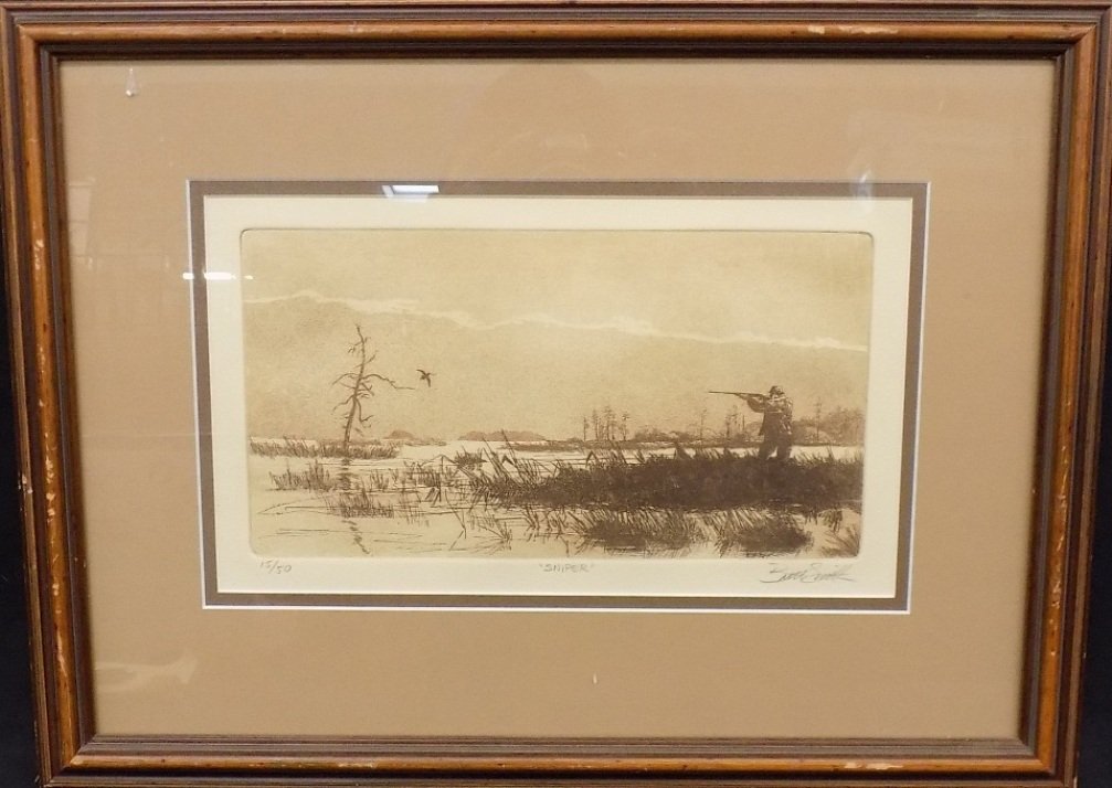 Brett Smith Etching 'Sniper" Duck Print signed and: Brett Smith Etching 'Sniper" Duck Print signed and numbered 15/50 Rough dimensions are 17 x 13