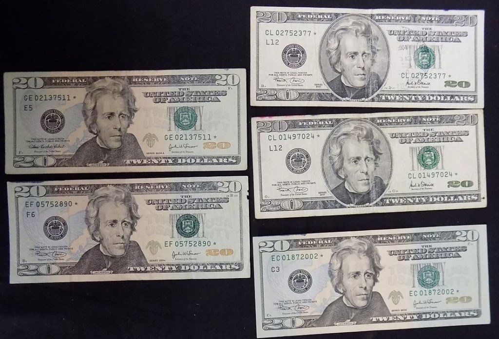 $100 Face Value United States $20 Dollar Bill Star: $100 Face Value United States $20 Dollar Bill Star Notes