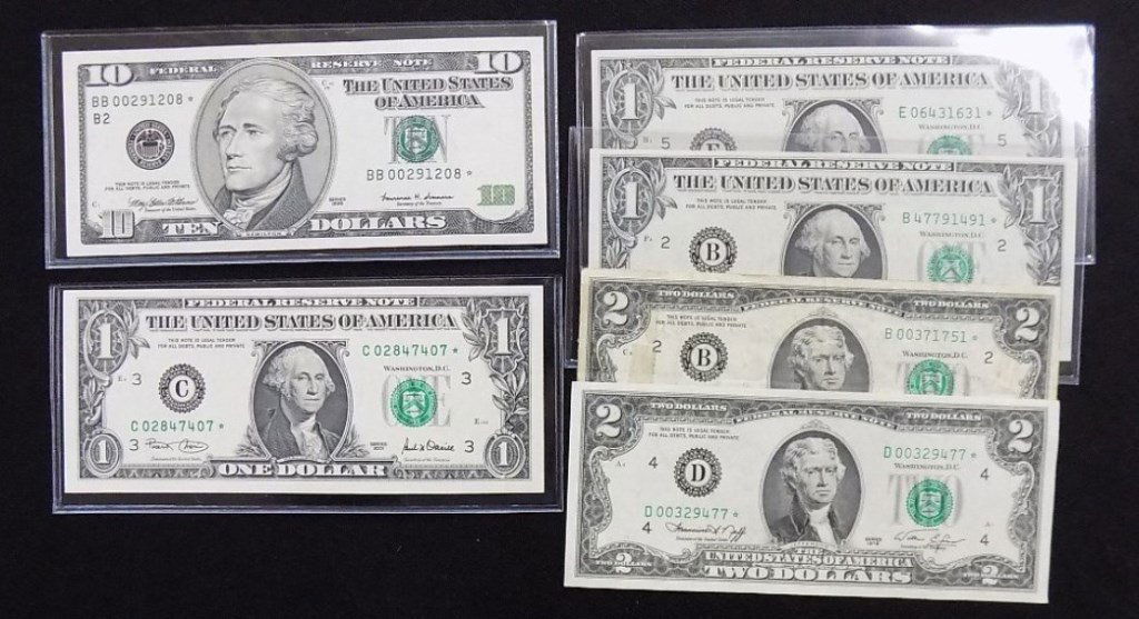 Lot of 6 United States STAR Notes $10 , 2--$2, 3--$1 (1 of 2)
