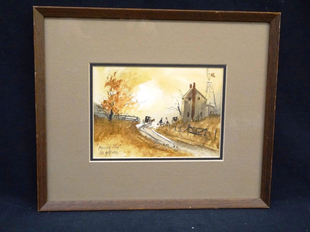 Ed Gifford Ohio Artist Amish Watercolor Landscape Scene: Ed Gifford Ohio Artist Amish Watercolor Landscape Scene: Signed and titled by the artist "Morning Stop", double matted and framed and measuring 12.75 x 10.75. Gifford b1927-d1998.