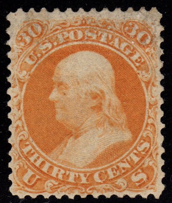 United States Scott 71 F-VF Unused 30¢ Franklin: Very nice appearing stamp, Scott 71, Unused with F-VF centering, regummed to appear original gum, previously hinged. Very tiny inclusion. 2016 SCV.$1000