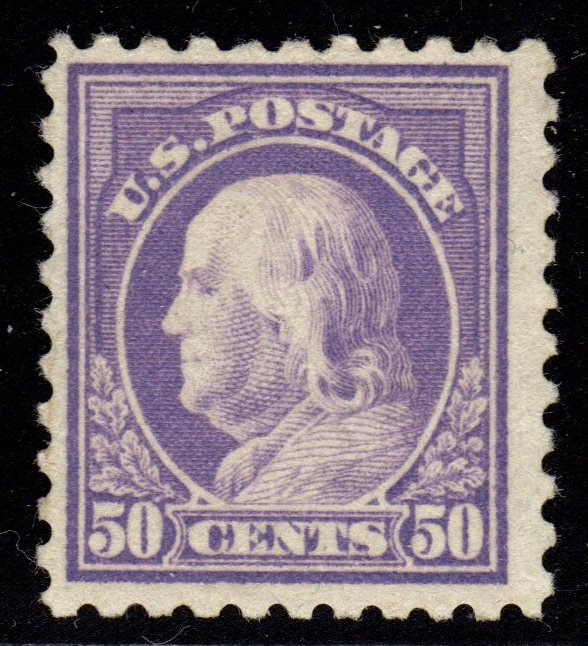 United States Scott 477 F-VF OG VLH 50¢ Franklin: Very rarely seen stamp, 50¢ perf 10 Franklin, Scott 477, Unused with F-VF centering, barest trace of a hinge mark on original gum. Great stamp that at first appears to be NH. 2016 SCV.$900