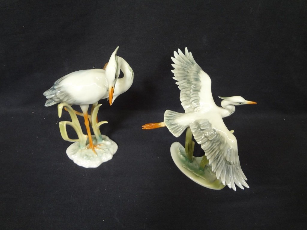 (2) Kaiser West German Porcelain Great Heron Figurines: (2) Kaiser West German Porcelain Great Heron Figurines: Both marked with the numbers 304, and 336, with a marked signature on the top base S. Bochwaun. No condition issues.