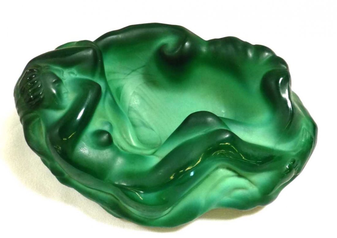 Moser Malachite Bowl Ashtray Nude Reclining: 7 5/8" x 5 1/4" x 2 3/4" tall, attributed to Moser