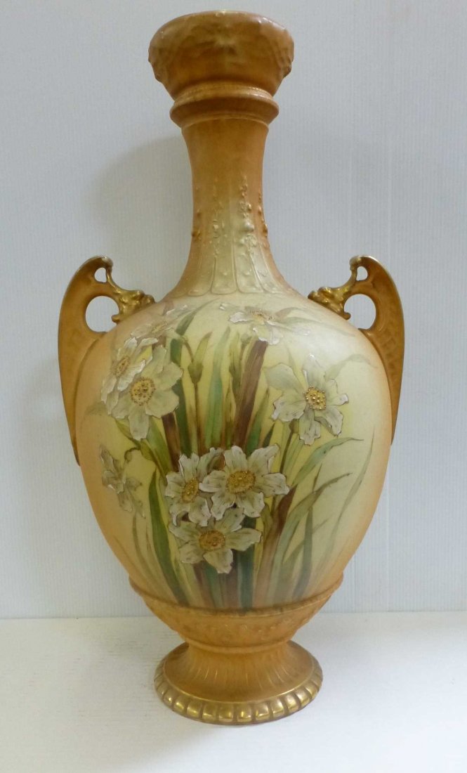 19" Teplitz Amphora Handled Water Vase: 19" tall, 9 3/4" Handle-to-handle, no marks found. Well done handpainted reeds and flowers.