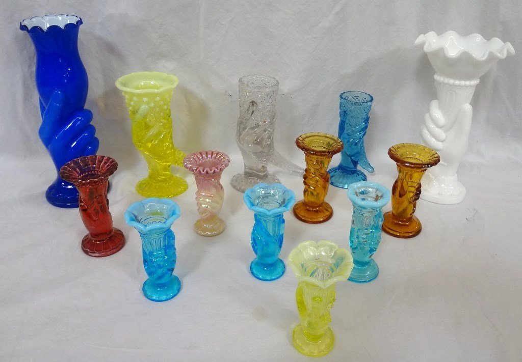 (13) Hand Vases; Fenton, L.E. Smith, Duncan and Sons,: (13) Hand Vases; Fenton, L.E. Smith, Duncan and Sons, others: A nice collection of several different types of hand vases. (2) Blue Opalescent 3.5" tall, ruffled edge. (1) Light blue opalescent 4" tall