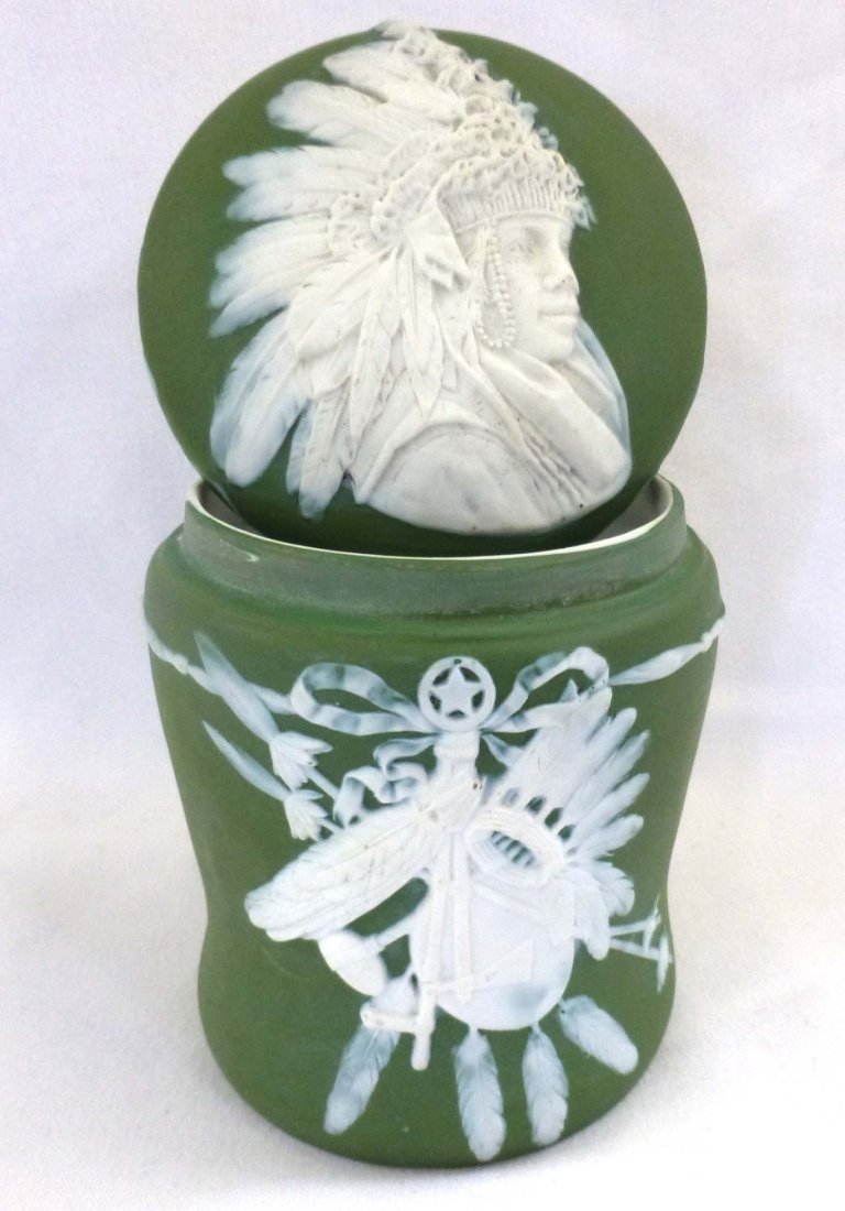 c 1900 Jasperware Tobacco Jar Indian Chief: Covered Tobacco Jar, with Indian Chief Top and decorated front, 5" tall, 3 5/8" base, no issues. attributed to Gebruder Heubach