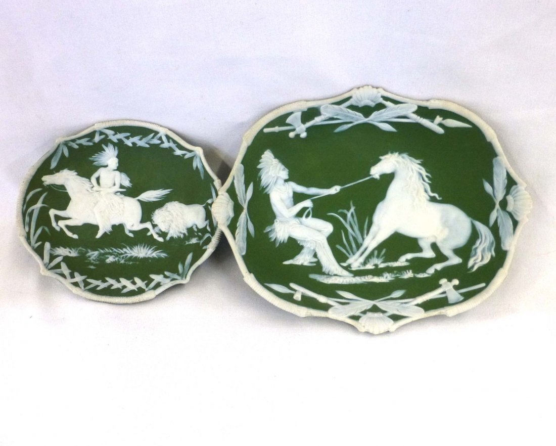 c 1900 Jasperware Indian on Horseback Plates: Hunting Indian on Horseback Hunting Buffalo and another coaxing horse no issues. 8 1/4" x 6 1/2" and 5 3/4" x 5 1/8", attributed to Gebruder Heubach