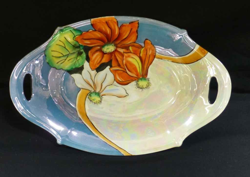 1920's Noritake Lusterware Serving Bowl: 10 1/4" x 7" x 2" tall, with Cherry Blossom mark from the 1920's, no issues.