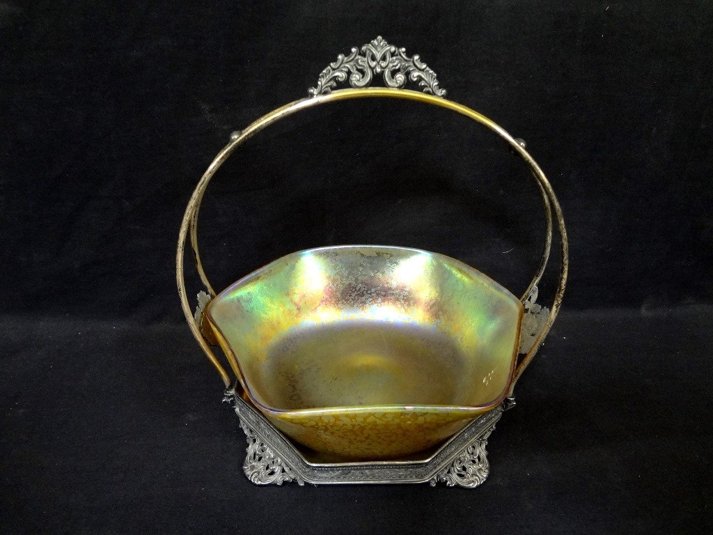 Loetz Art Glass Bride's Basket Poole Silver Plate: Loetz Art Glass Bride's Basket Poole Silver Plate Holder: A beautiful Loetz Art Glass Bride's Basket. Art Glass measures 9" corner to corner, and stands 3" high. Silver Plate Poole Silver Mass. measur