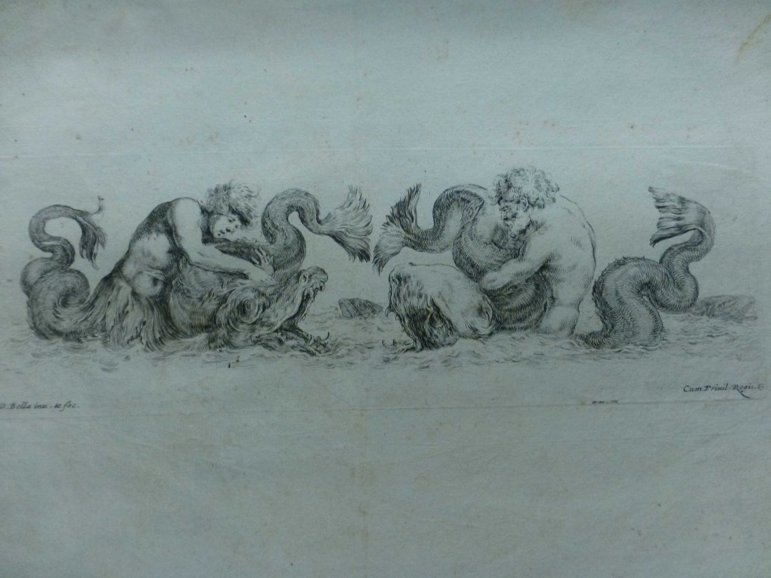 Della Bella, Stefano Etchings 3 Friezes: Etchings are from the Original Plates wove paper, age unknown, estimate 17th - 18th century. Series of three etchings numebred 14,12, and 13, page sizes are approx 12 3/8" x 8 1/4", with 14 being trim