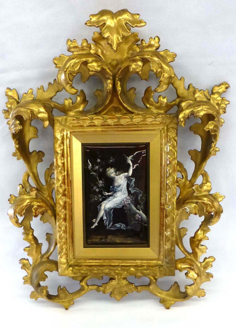 French Enamel on Copper in Rococo Giltwood Frame: circa early 19th century, Very ornate frame approx 16" x 13", the enamel on copper picture is 5 3/4" x 3 1/2" signed with a T intertwined above an S.
