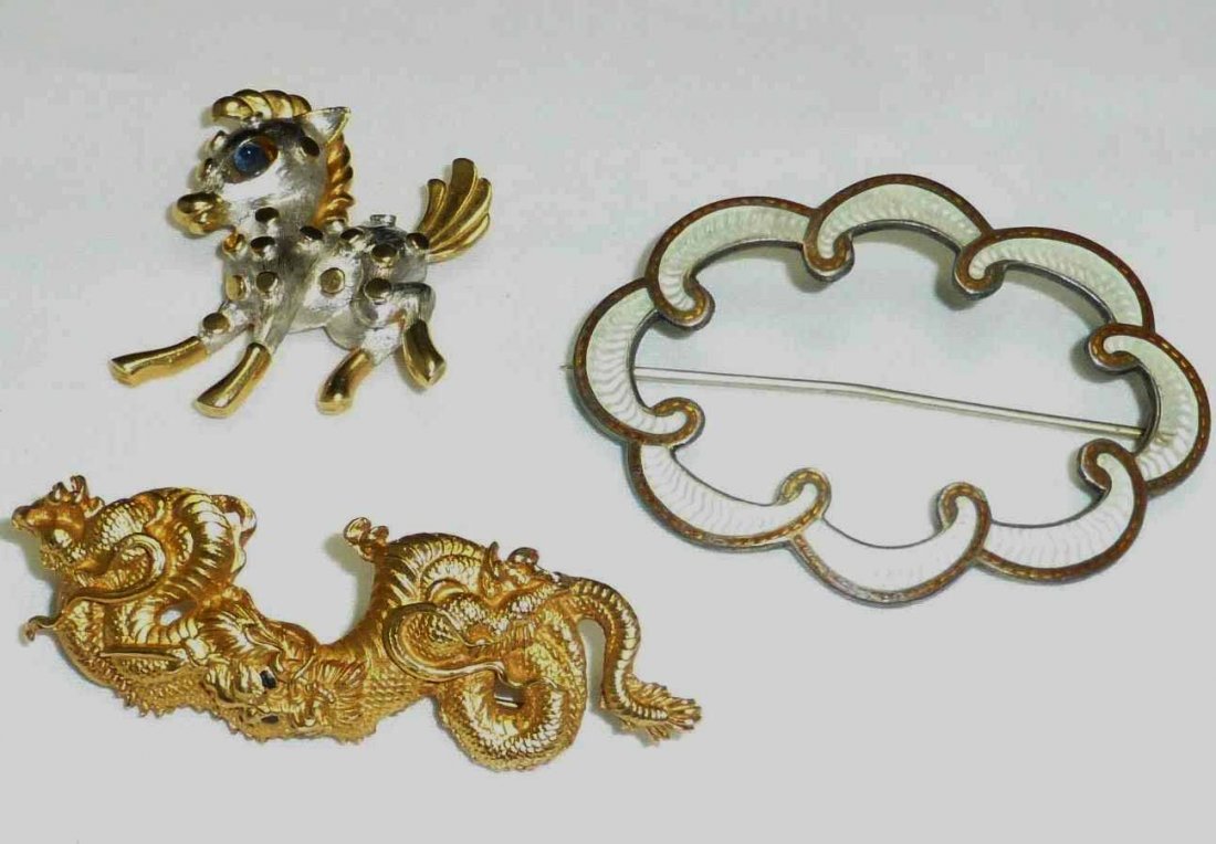 3 Fine Costume Pendants Alva Museum Replica, Enamel: The large dragon is marked Alva Museum Replica( 2 3/4" x 1 3/4"), the Pony is Boucher, and the enamel oval is marked RD 1909 along with RH makers mark(2 5/8" across)