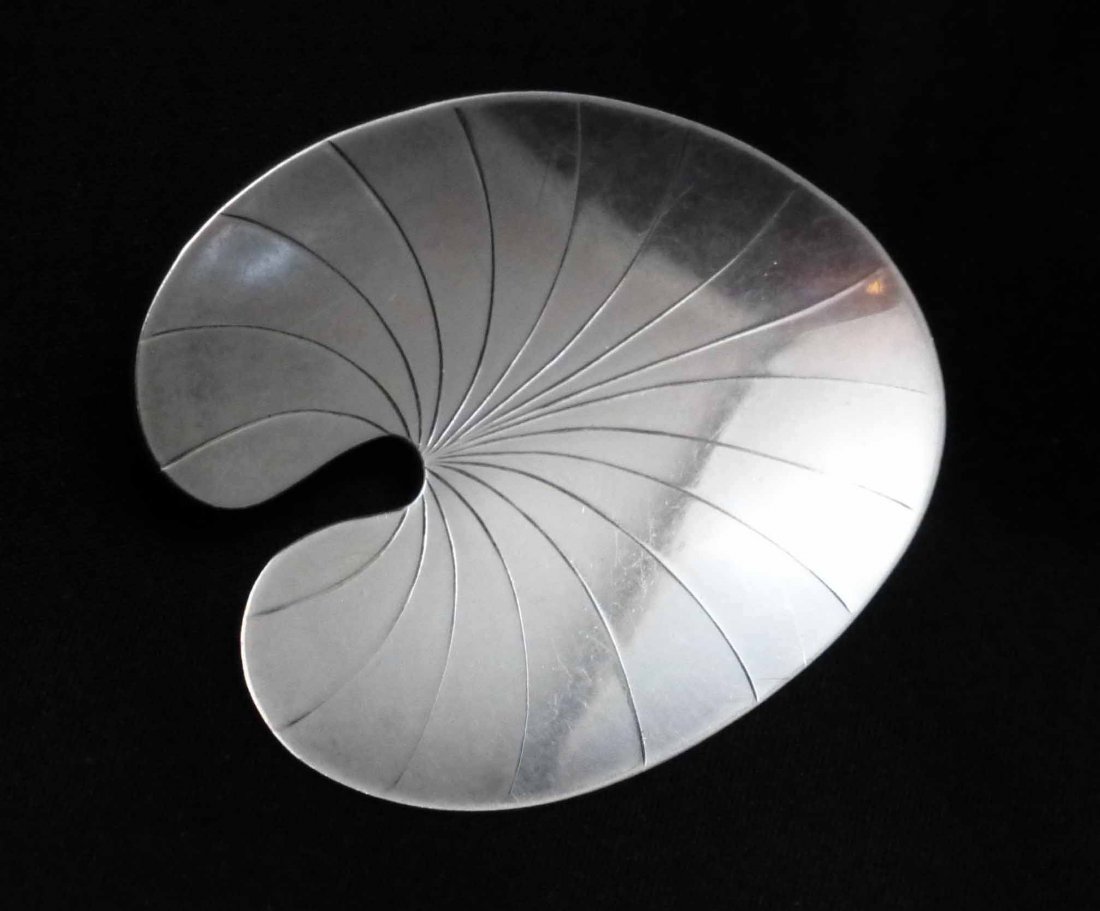 Hermann Siersbol Lily Pad Sterling Denmark Brooch: partially worn signature on back, classic Siersbol design, 1 3/4" x 1 1/2"